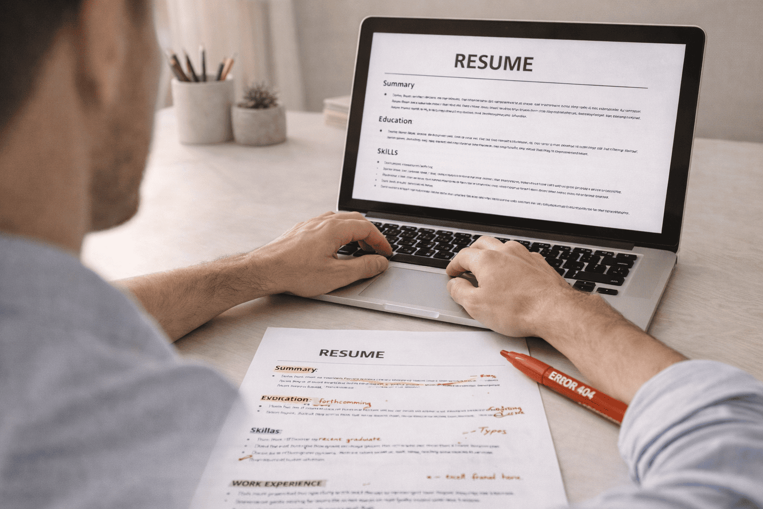 Desk scene with resume proofreading